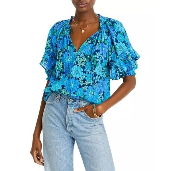Ramy Brook Eugenia Top Womens Size L  Blue Floral Print Voluminous Blouse Retro - Picture 1 of 10
